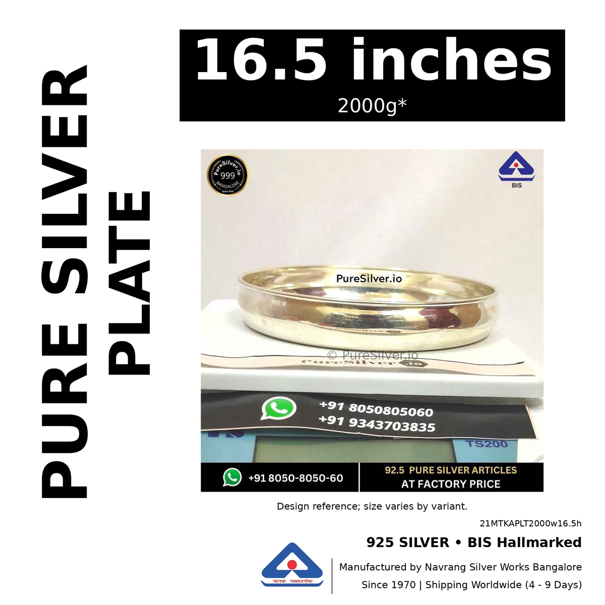 925 BIS hallmarked silver plate, 16.5 inches • 2000g*. Design reference; size varies by variant. Code 21MTKAPLT2000w16.5h.