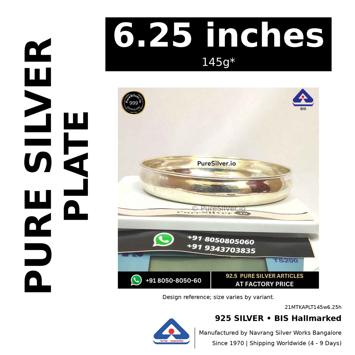 925 BIS hallmarked silver plate, 6.25 inches • 145g*. Design reference; size varies by variant. Code 21MTKAPLT145w6.25h.