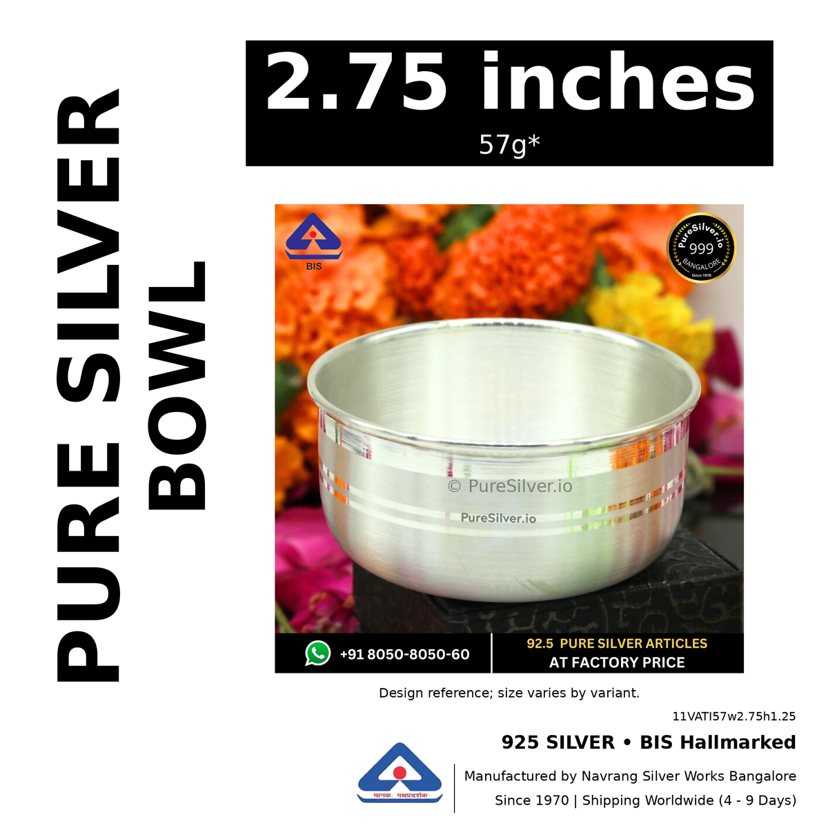 925 BIS hallmarked silver bowl, 2.75 inches • 57g*. Design reference; size varies by variant. Code 11VATI57w2.75h1.25.
