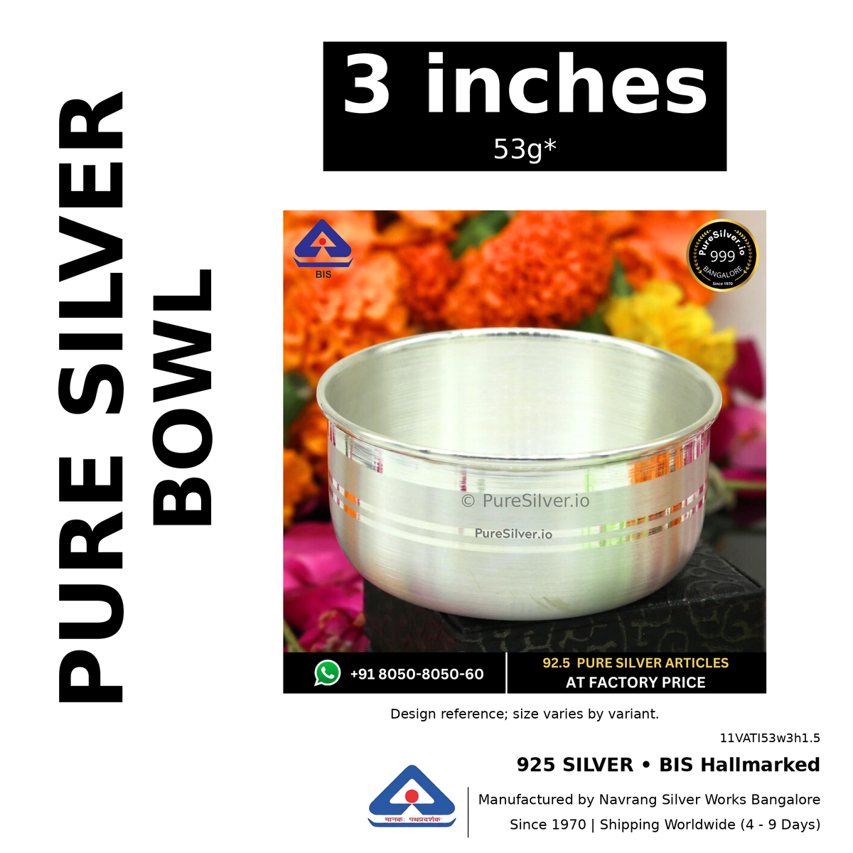 925 BIS hallmarked silver bowl, 3 inches • 53g*. Design reference; size varies by variant. Code 11VATI53w3h1.5.