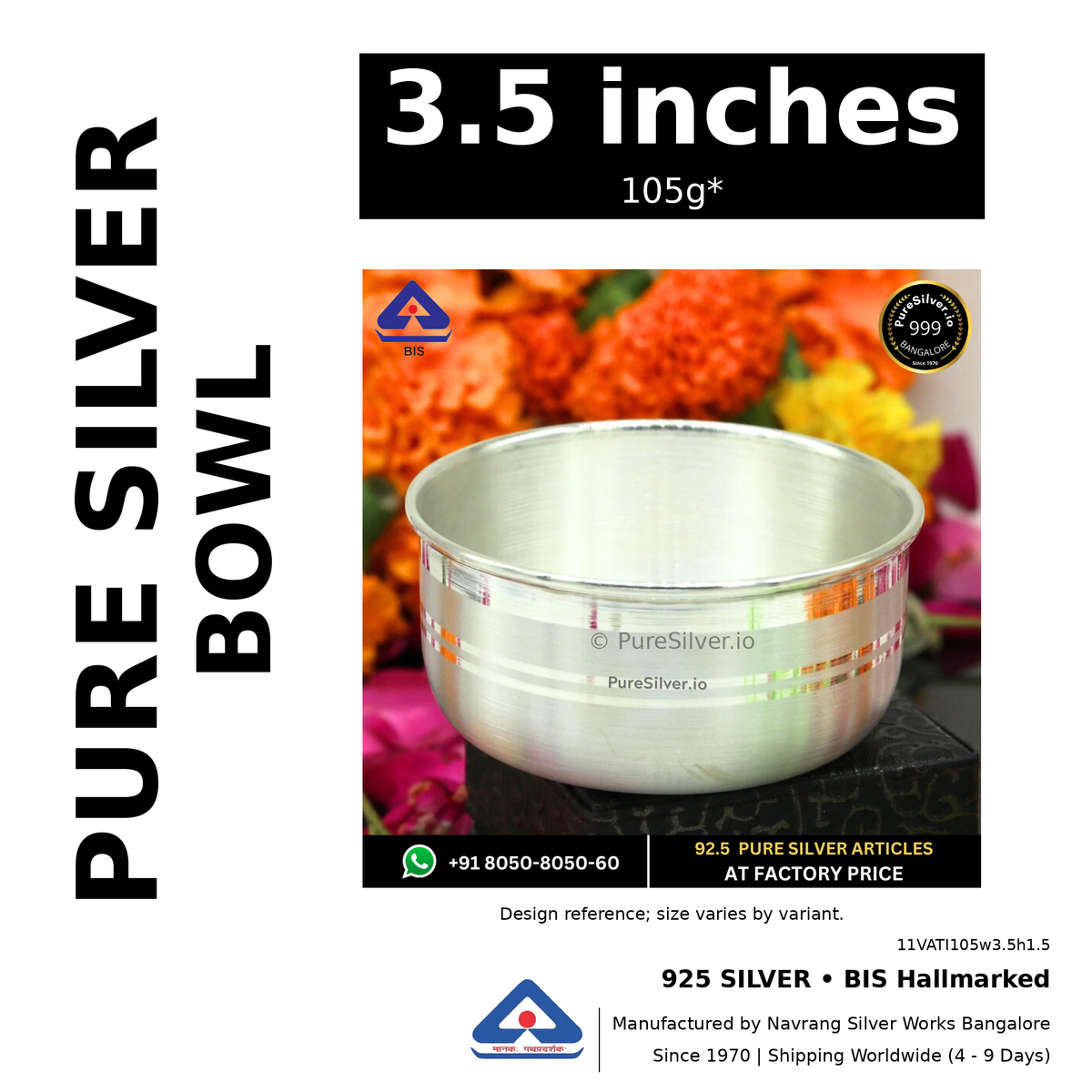925 BIS hallmarked silver bowl, 3.5 inches • 105g*. Design reference; size varies by variant. Code 11VATI105w3.5h1.5.