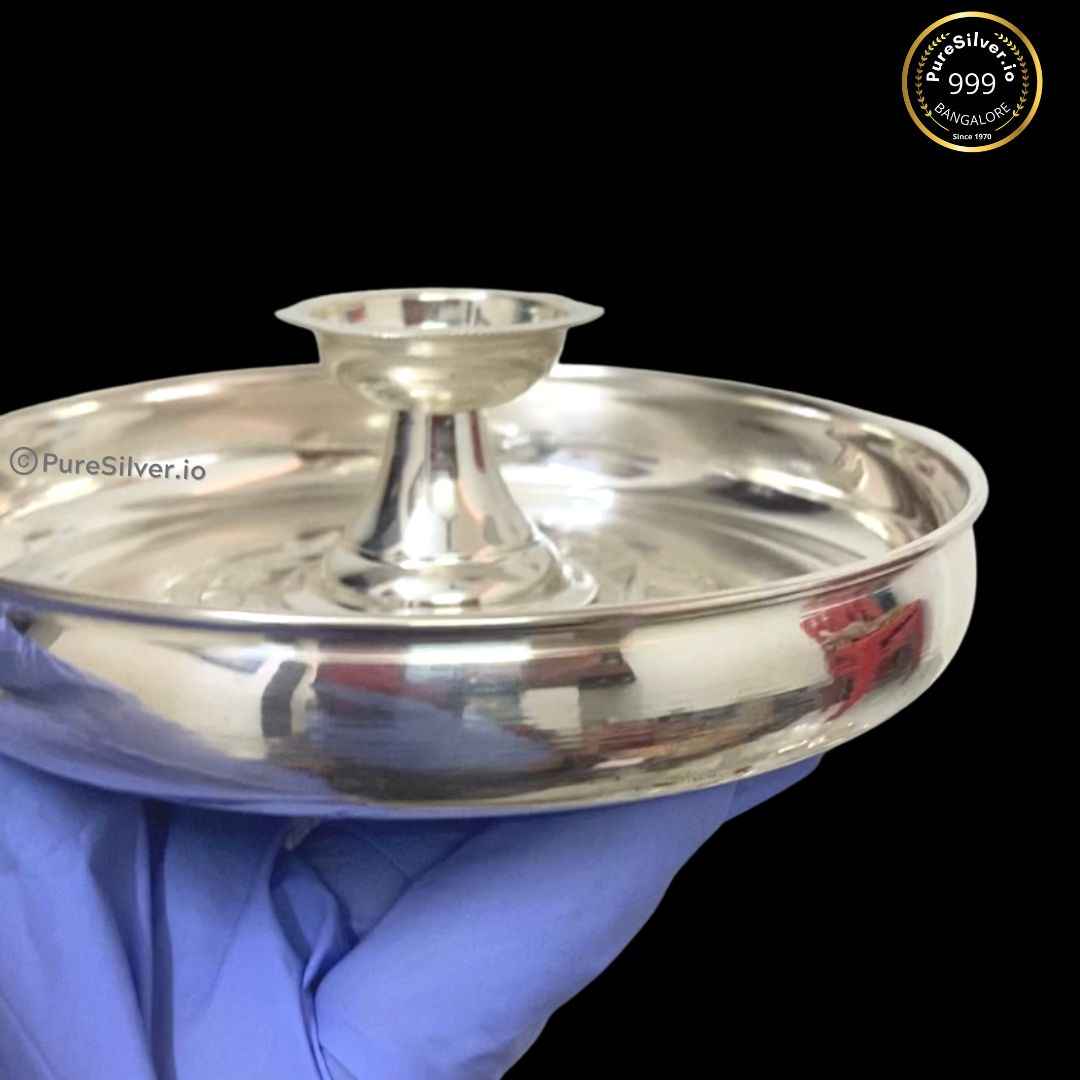 Pure Silver Pooja Thali Set Diamond, 100 grams, BIS Hallmarked