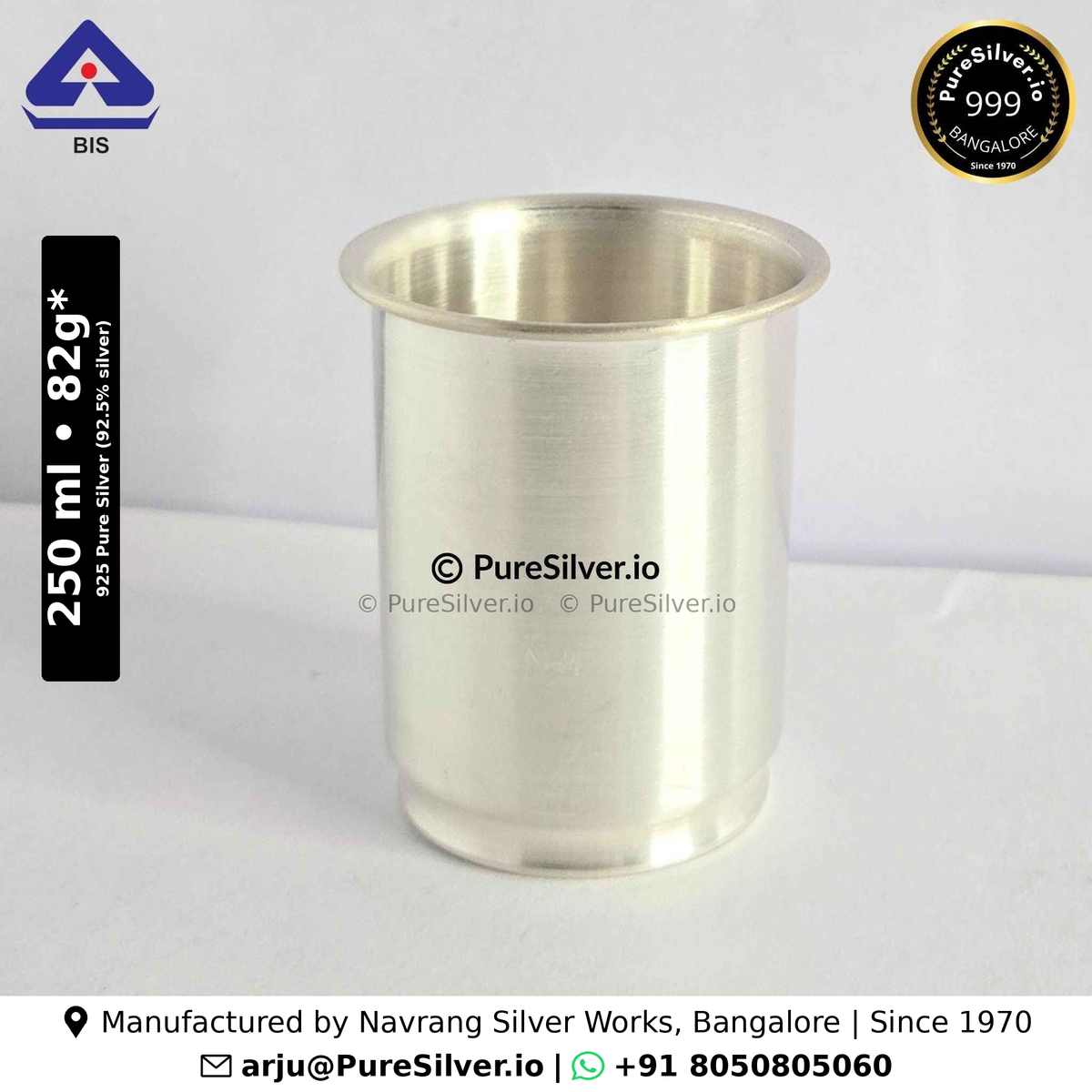 925 BIS hallmarked Rasna silver glass, 250 ml