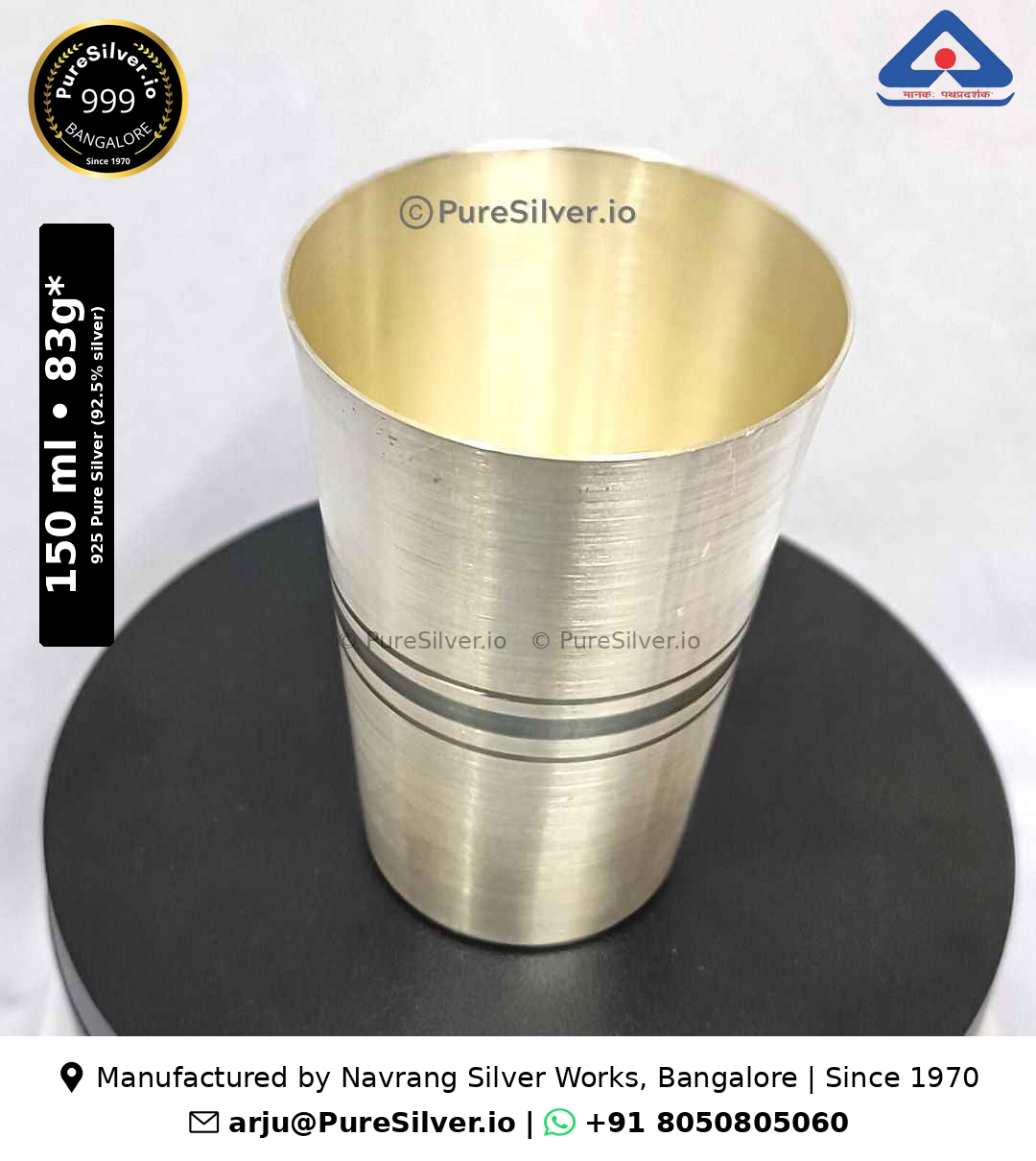 925 BIS hallmarked Marwadi silver glass, 150 ml