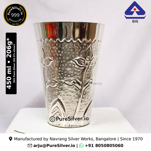 925 BIS hallmarked Marwadi silver glass, 450 ml