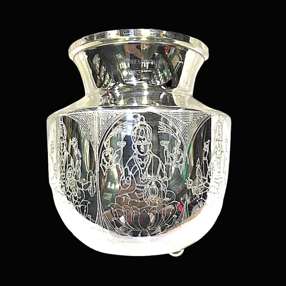 255 gms Pure Silver Cnc Engraved Ashtha Lakshmi Kalash Lota - Computer Design