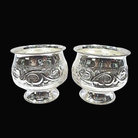 205 gms Pure Silver Ghee Cup With Stand (Set Of 2) - Embossed Indian Design and Mirror Finished