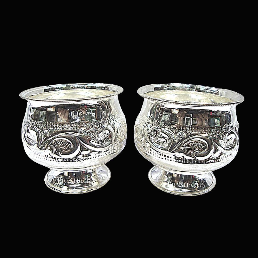 407 gms Pure Silver Ghee Cup With Stand (Set Of 2) - Embossed Indian Design and Mirror Finished