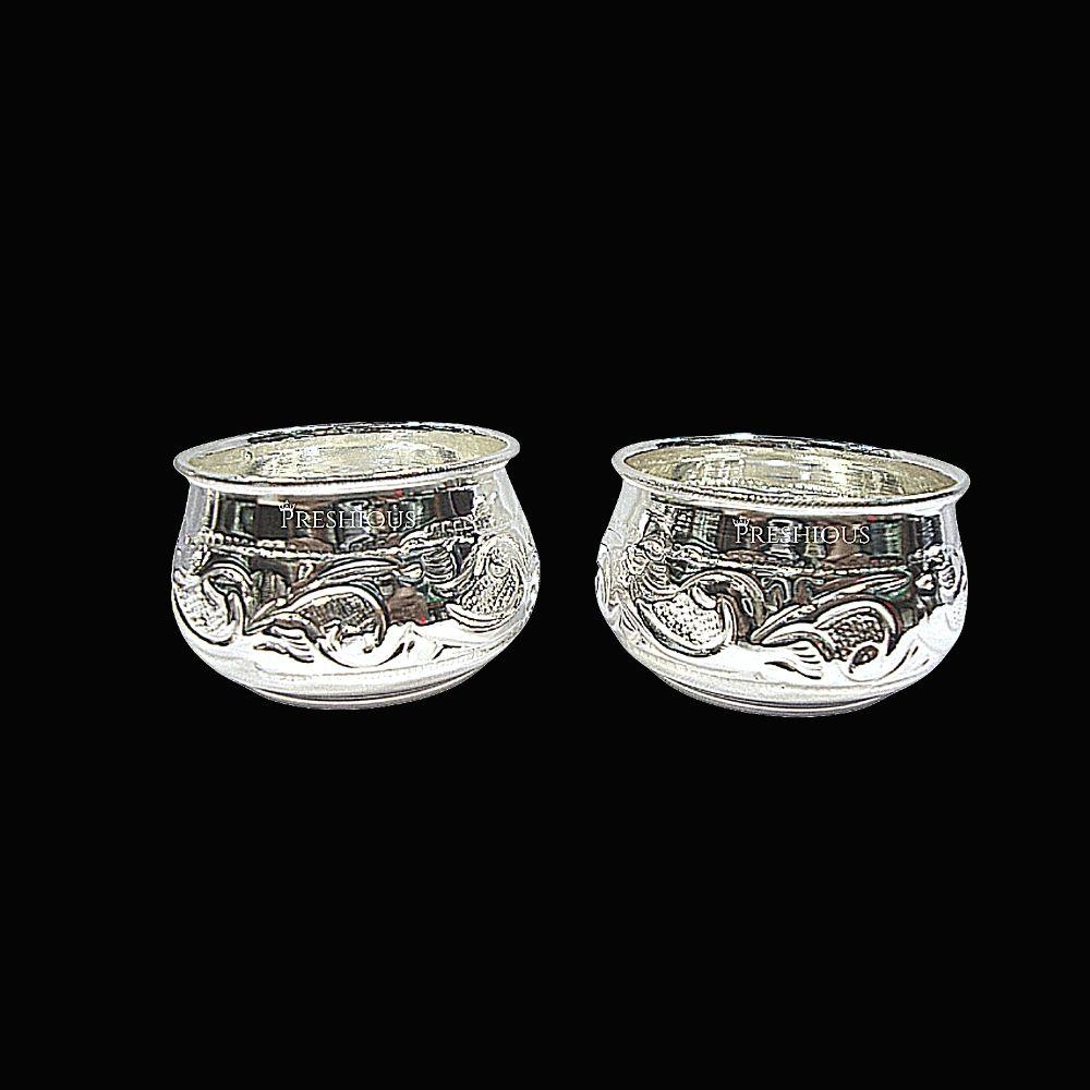 Pure Silver Ghee Cup Bowls (Set Of 2) Embossed Indian Design & Mirror Finished