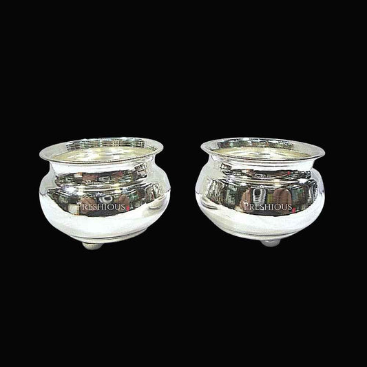 Pure Silver Pot Cups for Pooja With Round Bottom Legs (Set Of 2) Mirror Finished, 310 grams, BIS Hallmarked