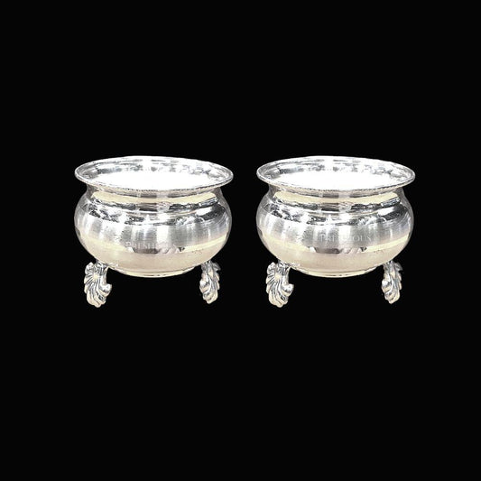32 gms Pure Silver Pot Cups - With Fancy Embossed Legs (Set Of 2) - Embossed Indian Design and Mirror Finished
