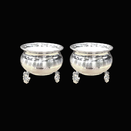 128 gms Pure Silver Pot Cups - With Fancy Legs (Set Of 2) - Embossed Indian Design and Mirror Finished BIS Hallmarked