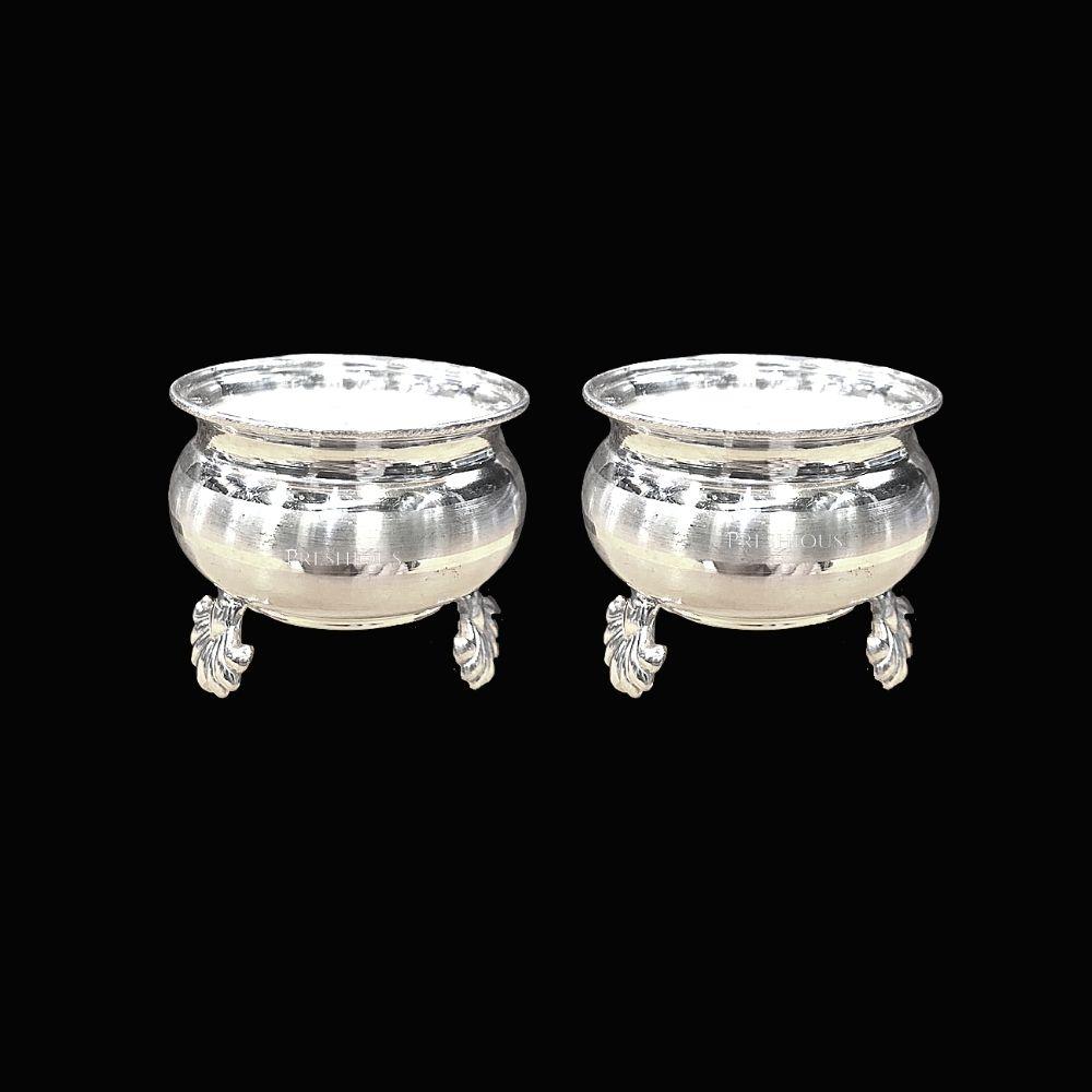 63 gms Pure Silver Pot Cups - With Fancy Embossed Legs (Set Of 2) - Embossed Indian Design and Mirror Finished