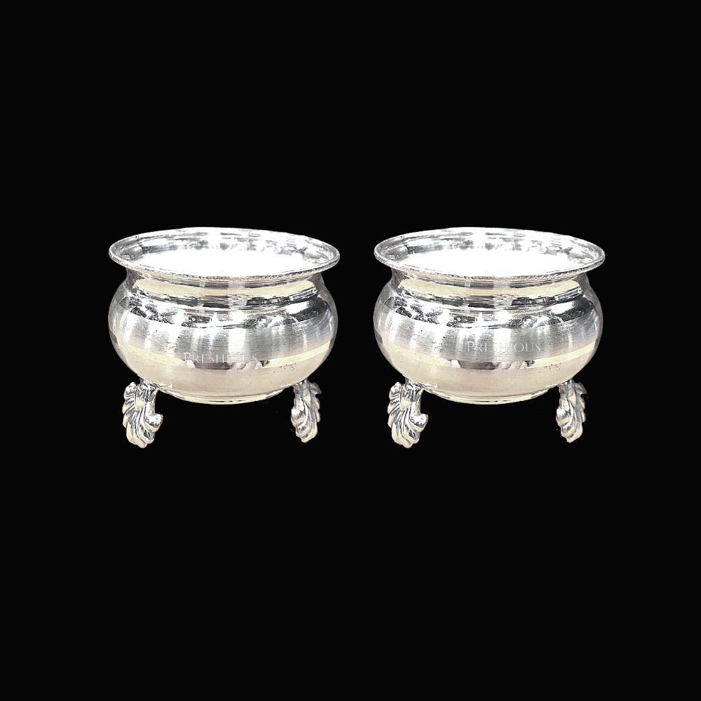 153 gms Pure Silver Pot Cups - With Fancy Legs (Set Of 2) - Embossed Indian Design and Mirror Finished BIS Hallmarked