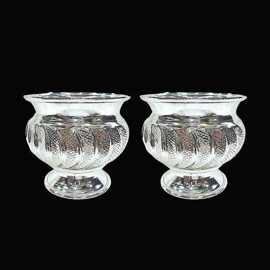 Pure Silver Pot Cups for Pooja With Stand (Set Of 2) Embossed Indian Design and Mirror Finished, 300 grams, BIS Hallmarked