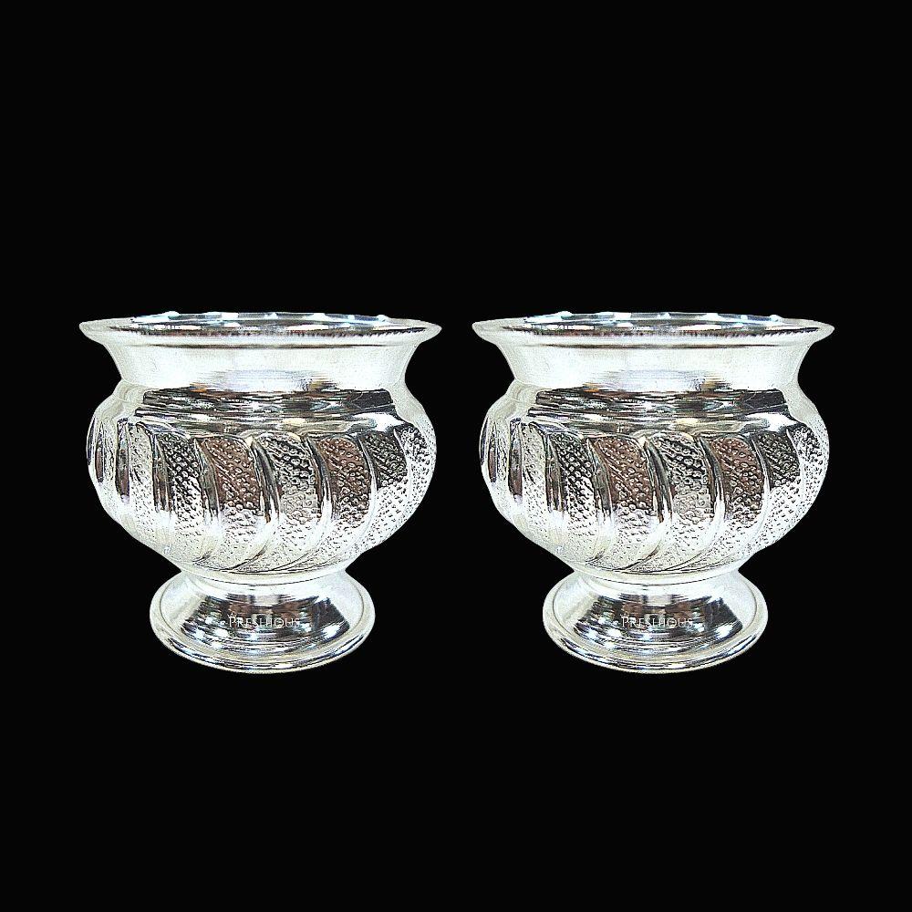 32 gms Pure Silver Pot Cups - With Stand (Set Of 2) - Embossed Indian Design and Mirror Finished
