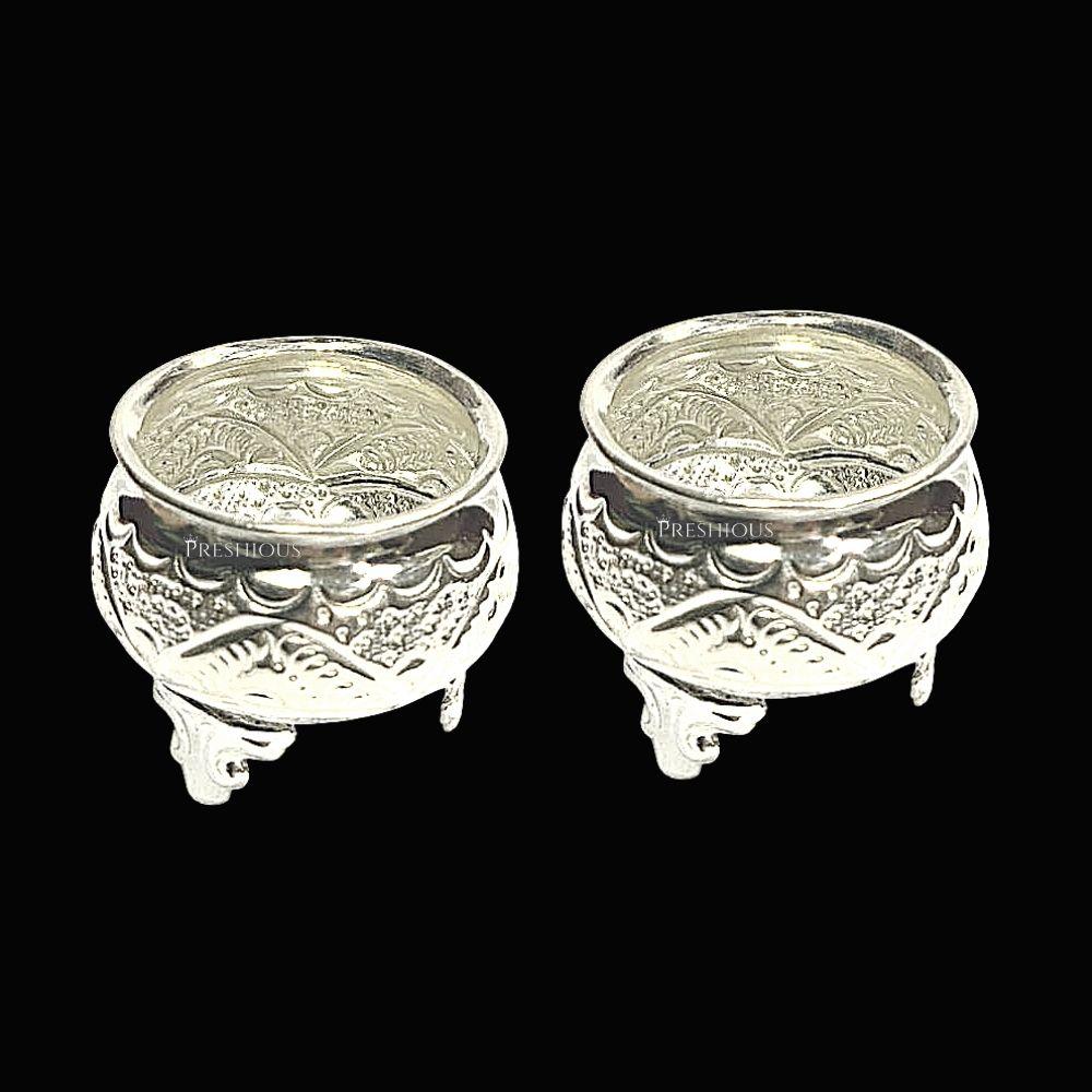 32 gms Pure Silver Ghee Cup With Fancy Embossed Legs (Set Of 2) - Embossed Indian Design and Mirror Finished