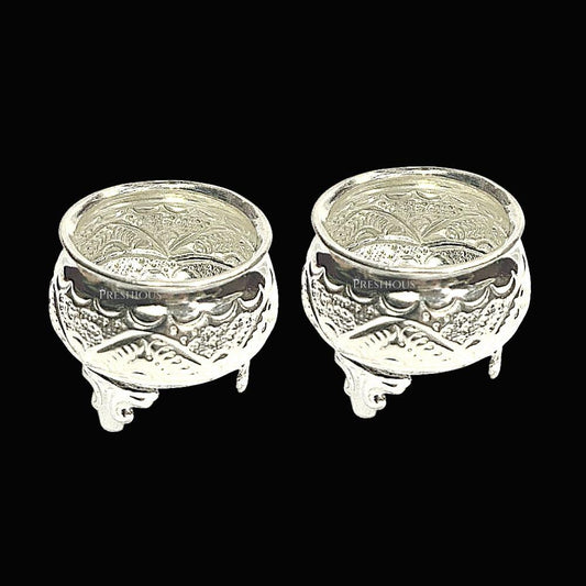 153 gms Pure Silver Ghee Cup With Fancy Legs (Set Of 2) - Embossed Indian Design and Mirror Finished