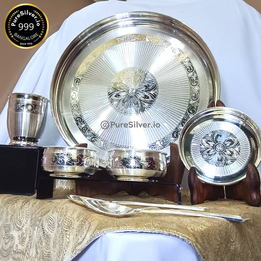 908 gms Pure Silver 7 Pcs Luxury Silver Dinner Set with 2 bowls, 2 spoons, 1 glass, 1 sweet dish plate - Emery Polished