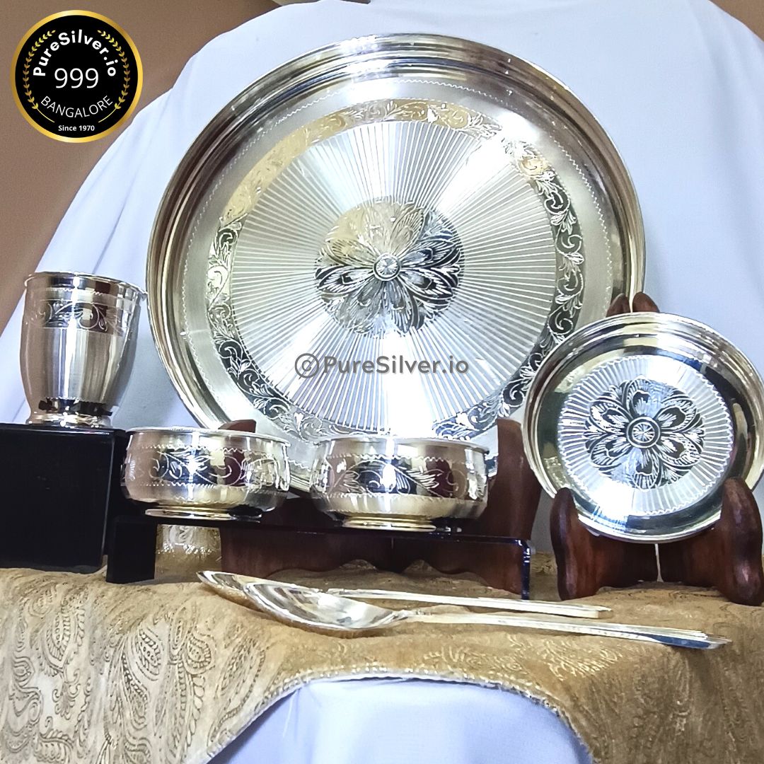 1509 gms Pure Silver 7 Pcs Luxury Silver Dinner Set with 2 bowls, 2 spoons, 1 glass, 1 sweet dish plate - Emery Polished