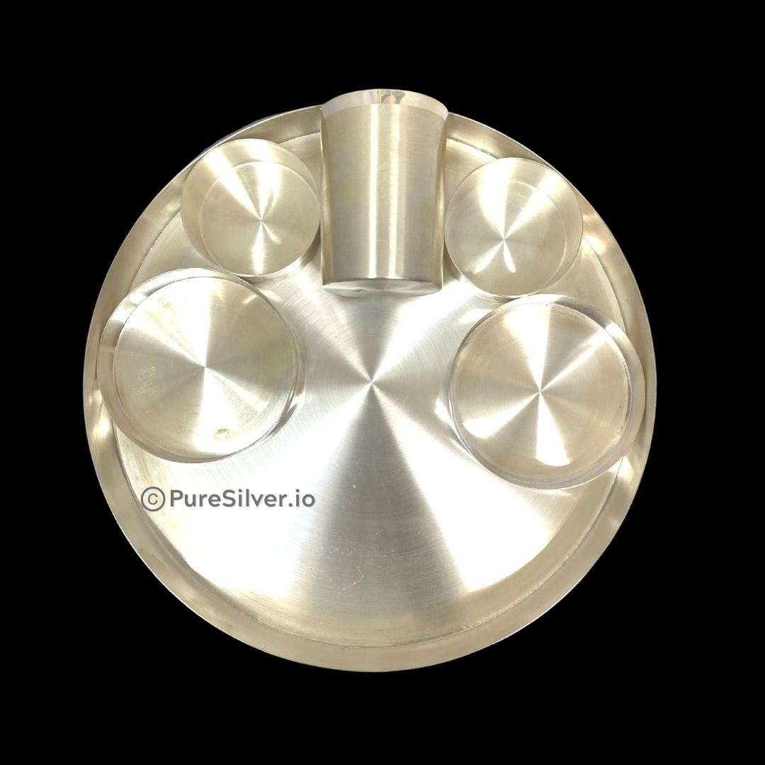 1209 grams Pure Silver 7 Pcs Luxury Silver Dinner Set with 2 bowls, 2 spoons, 1 glass, 1 sweet dish plate - Emery Polished -  | Custom Orders & Bulk from Silver Factory