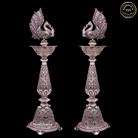 925 Luxury Pure Silver Good Luck Long Lamp for Pooja | 15" | Set of 2