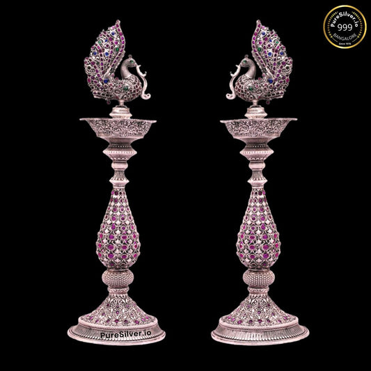 925 Luxury Pure Silver Peacock Mayura Long Lamp for Pooja | 9" | Set of 2
